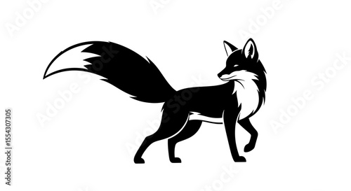 Striking Black and White Vector Graphic of a Fox Walking with Bushy Tail, Isolated on White Background