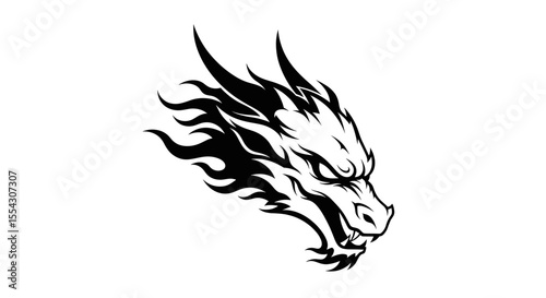 Stylized Black Dragon Head with Fiery Elements and Aggressive Expression