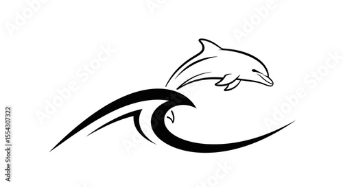 Stylized Dolphin Jumping Over a Wave in a Dynamic Black and White Illustration