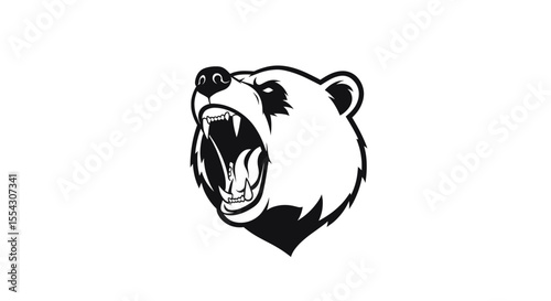 Aggressive Bear Head Vector Illustration with Open Mouth in Monochrome on a White Background Ideal For Wild Life and Ferocious Animal Concept