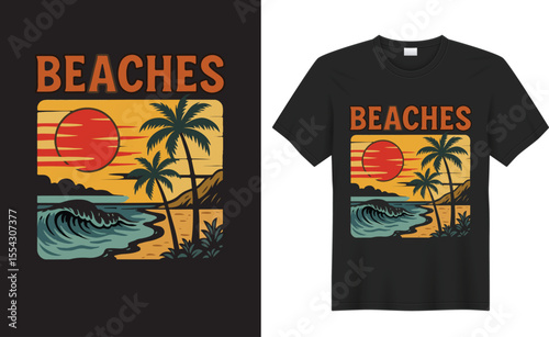 This beach-themed t-shirt design features vibrant ocean waves, palm trees, and a relaxing sunset vibe. Perfect for summer lovers, it captures the carefree spirit of coastal life. Ideal for vacations, 