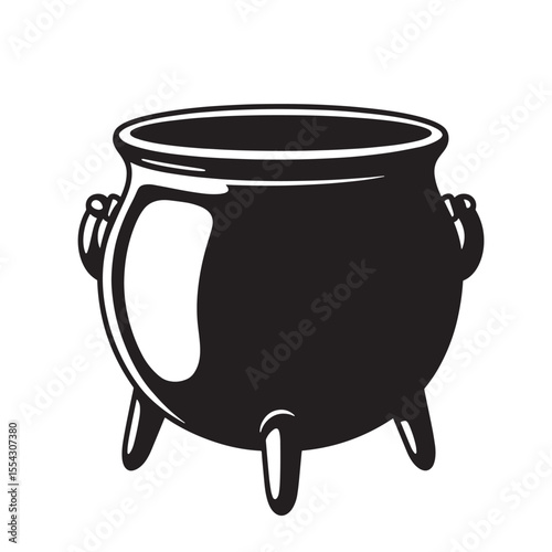 Vintage art silhouette of a traditional black cauldron with handle and legs on white