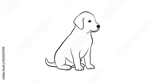 Simple Black Outline Illustration of a Puppy Sitting Calmly in Profile Against White Backdrop for Stock Imagery