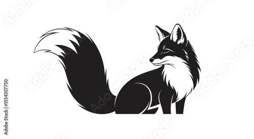 Monochrome Fox Illustration with Bushy Tail Detailed High Contrast Black and White Wildlife Art