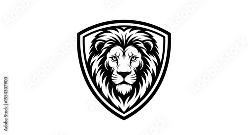 Monochrome Lion Head Emblem In a Shield Shape Isolated on White Background Graphic Vector Design