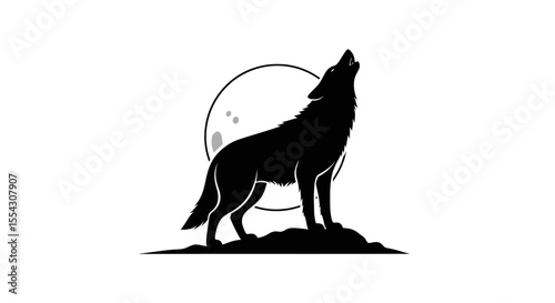 Silhouetted Wolf Howling at a Full Moon Against a Stark White Background