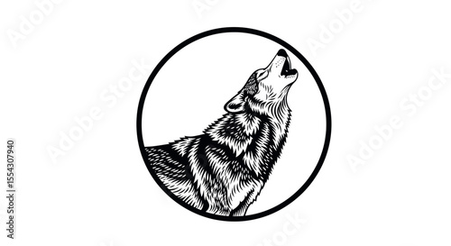Artistic Representation of a Howling Wolf Within a Circular Frame Depicting Wildness and Freedom