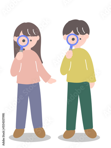 虫眼鏡を覗く若い私服の男女の可愛いイラスト