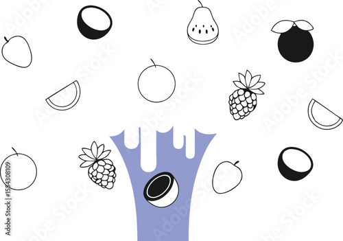 A background of layered smoothie colors dripping and separating like a chromatography experiment, filled with vector fruit icons