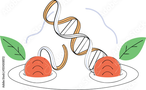 A double helix made from spaghetti strands with meatballs and basil as the base pairs