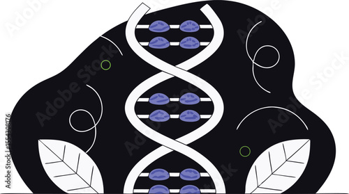 A double helix made from spaghetti strands with meatballs and basil as the base pair