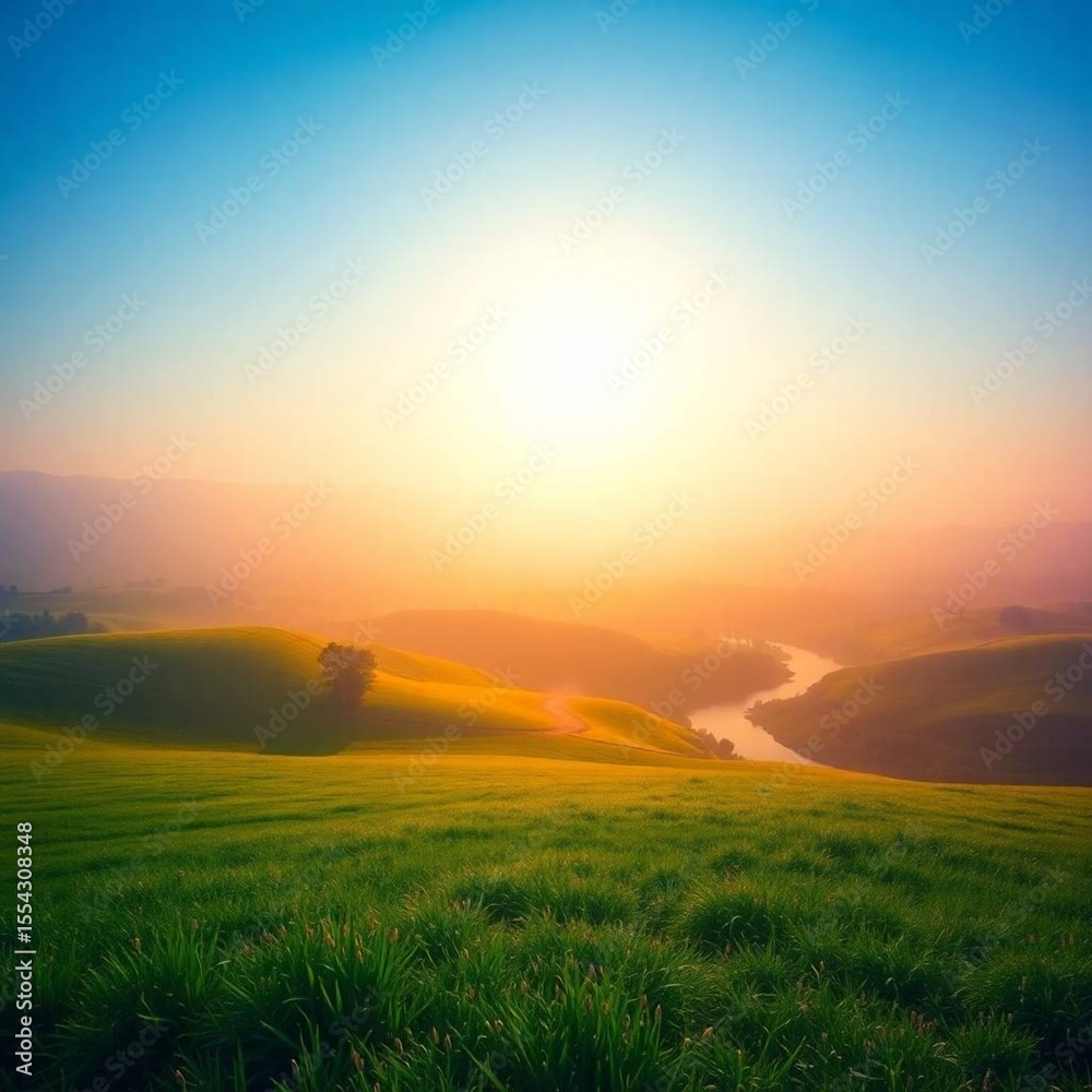 Fototapeta premium Serene Nature Landscape with Mountains, River, and Sunset Sky – Ideal Background for Design and Print, Generated AI
