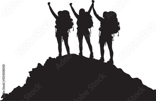 Silhouette of a mountain Hiker climber on top of hill isolated on white background