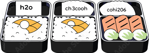 A vector bento box styled like a chemistry equation, with each food