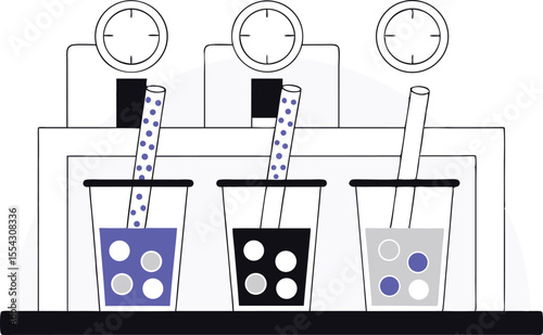 A vector lab setup where flasks produce boba pearls and milk tea in tubes with temperature and sweetness dials