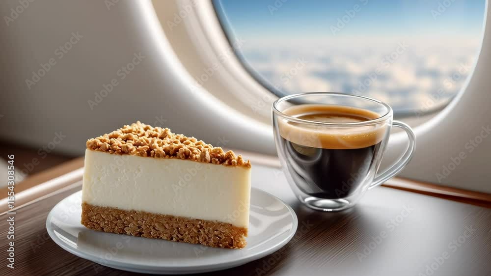 Delicious cheesecake slice with crunchy topping served alongside a steaming cup of coffee, positioned on a wooden table with an airplane window showcasing clouds in the background, enhancing the trave