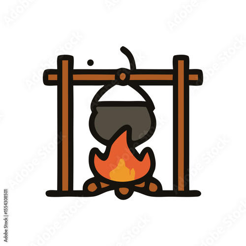 Campfire cooking rustic pot simmering over crackling flames. Suitable for outdoor, camping, cooking, food, rusticthemed design projects