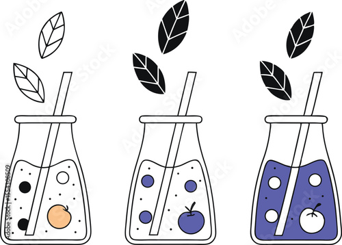 Flasks with different cartoon smoothies sprouting fruit, herbs, and straws, arranged in a garden-style layout