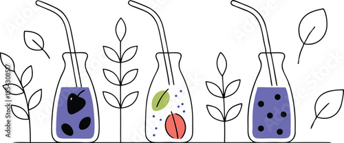 Flasks with different cartoon smoothies sprouting fruit, herbs, and straws, arranged in a garden-style layout