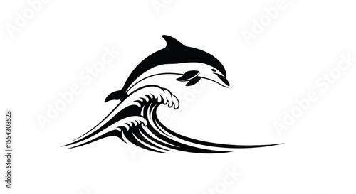 Stylized Dolphin Jumping Above Ocean Waves Depicting Freedom and Grace in Black and White Design