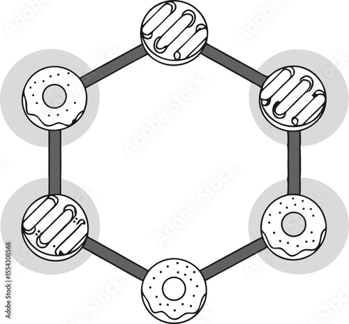 PriGeometric crystal lattice of sugar molecules forming stylized desserts like donuts and cookies