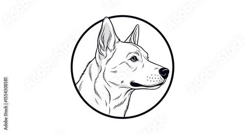 Illustration of a Dog Head with Distinctive Features and Expression in Circular Frame
