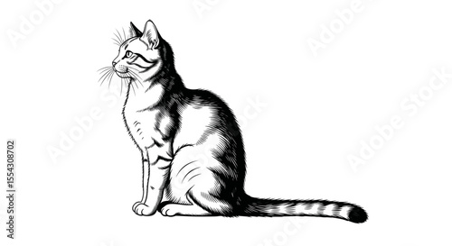 Illustration of a Detailed Sitting Cat with Attentive Posture and Graceful Features