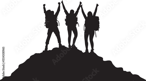Silhouette of a mountain Hiker climber on top of hill isolated on white background