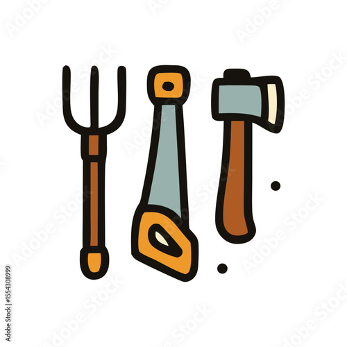 Old fashioned tools pitchfork, saw, axe rustic setting. Ideal for vintage, rural, farming, or carpentry themed designs and projects