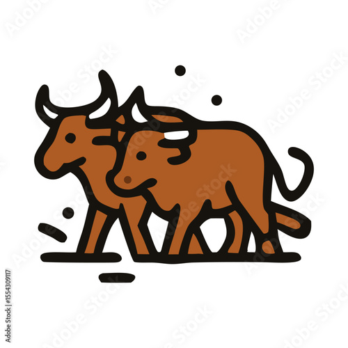 Traditional oxen plow with two brown oxen sidebyside pulling a plow. Suitable for agricultural, rural, farming, and traditional lifestyle themes.