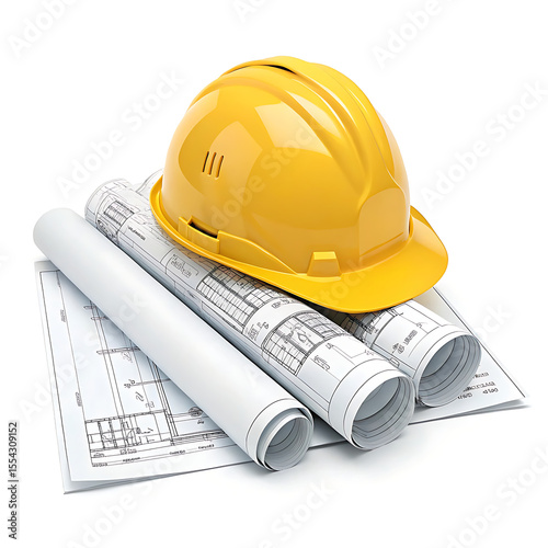 Yellow hard hat resting on architectural blueprints isolated on white background