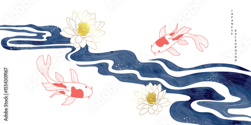 Luxury oriental river background vector. Chinese and Japanese wallpaper pattern design of watercolor sea wave, koi fish, lotus flower. Design illustration for decoration, wall decor, banner, interior.
