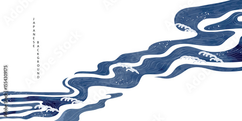 Luxury oriental river background vector. Chinese and Japanese wallpaper pattern design of landscape, sea wave, watercolor, line art. Design illustration for decoration, wall decor, banner, interior.