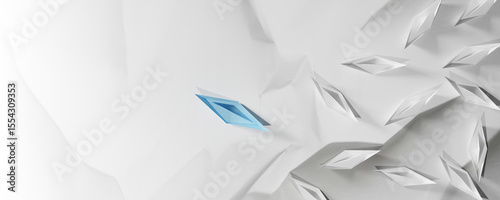 Blue paper boat leading a group of white boats on crumpled white background. Concept of leadership, uniqueness, strategic direction, standing out, and innovation.