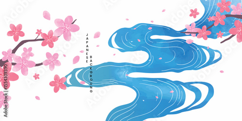 Luxury oriental river background vector. Chinese and Japanese wallpaper pattern design of blue watercolor sea wave, cherry blossom. Design illustration for decoration, wall decor, banner, interior.