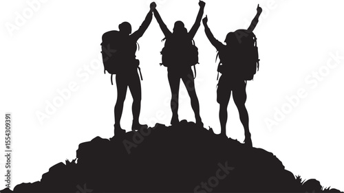 Silhouette of a mountain Hiker climber on top of hill isolated on white background