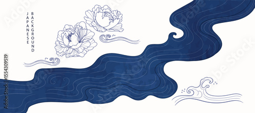 Luxury oriental river background vector. Chinese and Japanese wallpaper pattern design of watercolor sea wave, peony flower. Design illustration for decoration, wall decor, banner, interior.