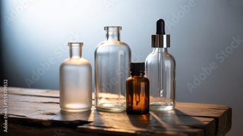 Wallpaper Mural Variety of empty glass bottles on wooden surface in soft lighting Torontodigital.ca