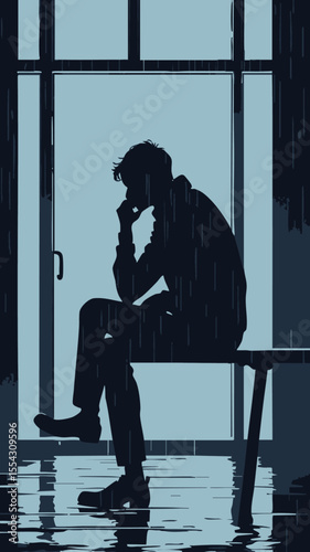 flat vector silhouette of person sitting by a window during rain, introspective and quiet moment