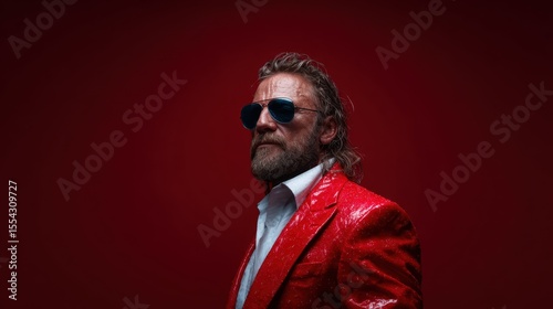 A striking portrait of a man in a glittering red suit, wearing sunglasses, exuding confidence and charisma against a bold red background in a dramatic lighting setting.