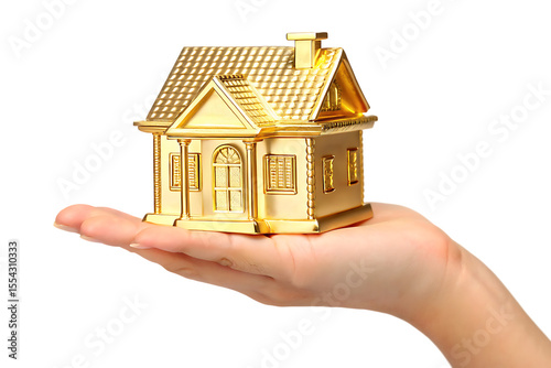 Golden house model in hand isolated on a white background