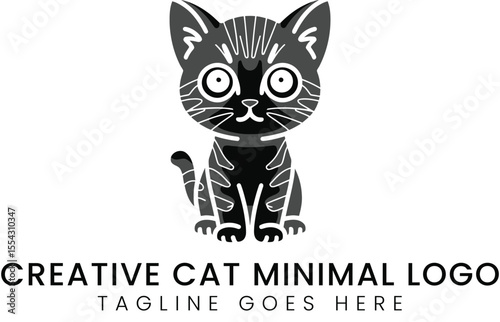 Graphic illustration of a cute cat logo design in black and white