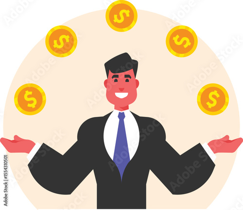 Businessman Juggling Coins | Vector illustration of a businessman juggling coins, representing multitasking, financial management, income balancing, and handling multiple revenue streams.