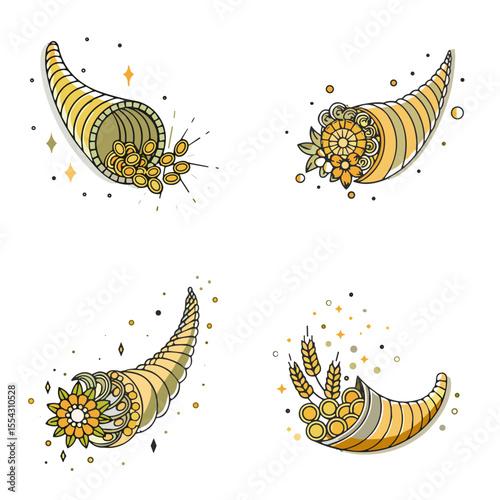 Golden Cornucopia Icons Set for Thanksgiving Design, Harvest Festivals, Food Blogs, Agricultural Websites and Seasonal Promotions