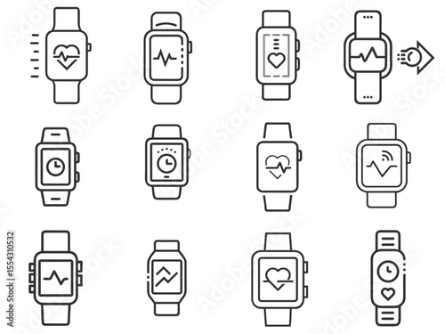Smartwatch Line Icons Collection for Wearable Tech Websites, Fitness Apps, E-commerce Product Pages, Tech Blogs and Digital Health Platforms
