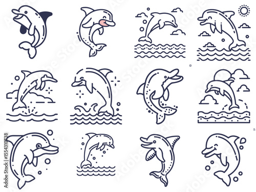 Dolphin Icon Set for Marine Life Educational Materials - Playful Dolphin Illustrations for Websites, Apps and Environmental Conservation Awareness Projects