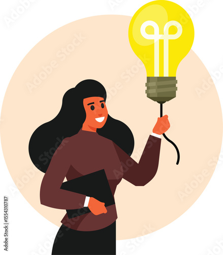 Businesswoman Has Creative Idea | Vector illustration of a businesswoman having a creative idea, often symbolized by a light bulb above her head. Represents innovation, inspiration, problem-solving, 