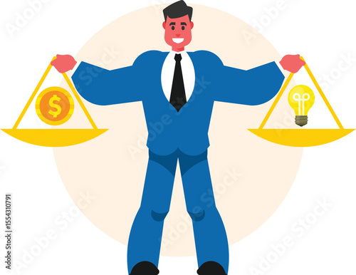 Choose Money or Idea | Vector illustration showing a person choosing between money and a light bulb, symbolizing the decision between financial gain and innovative ideas. Represents business strategy,