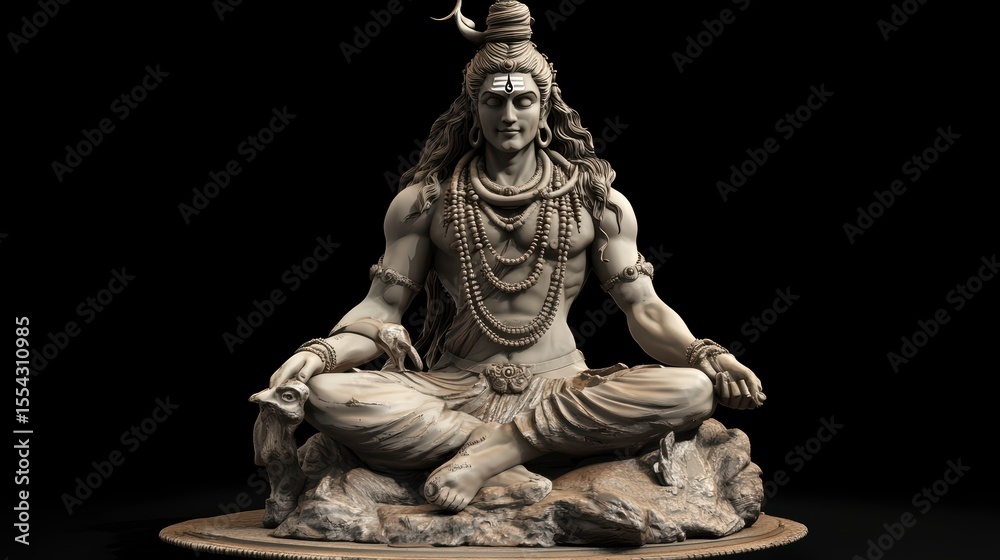 3D render of a serene Shiva statue in a meditative pose, showcasing intricate details and textures. 3D render of a serene Shiva statue in a meditative pose, showcasing intricate details and textures.