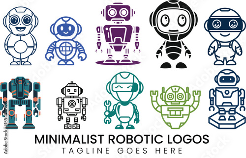 Cute robot character designs for modern technological brand mascot